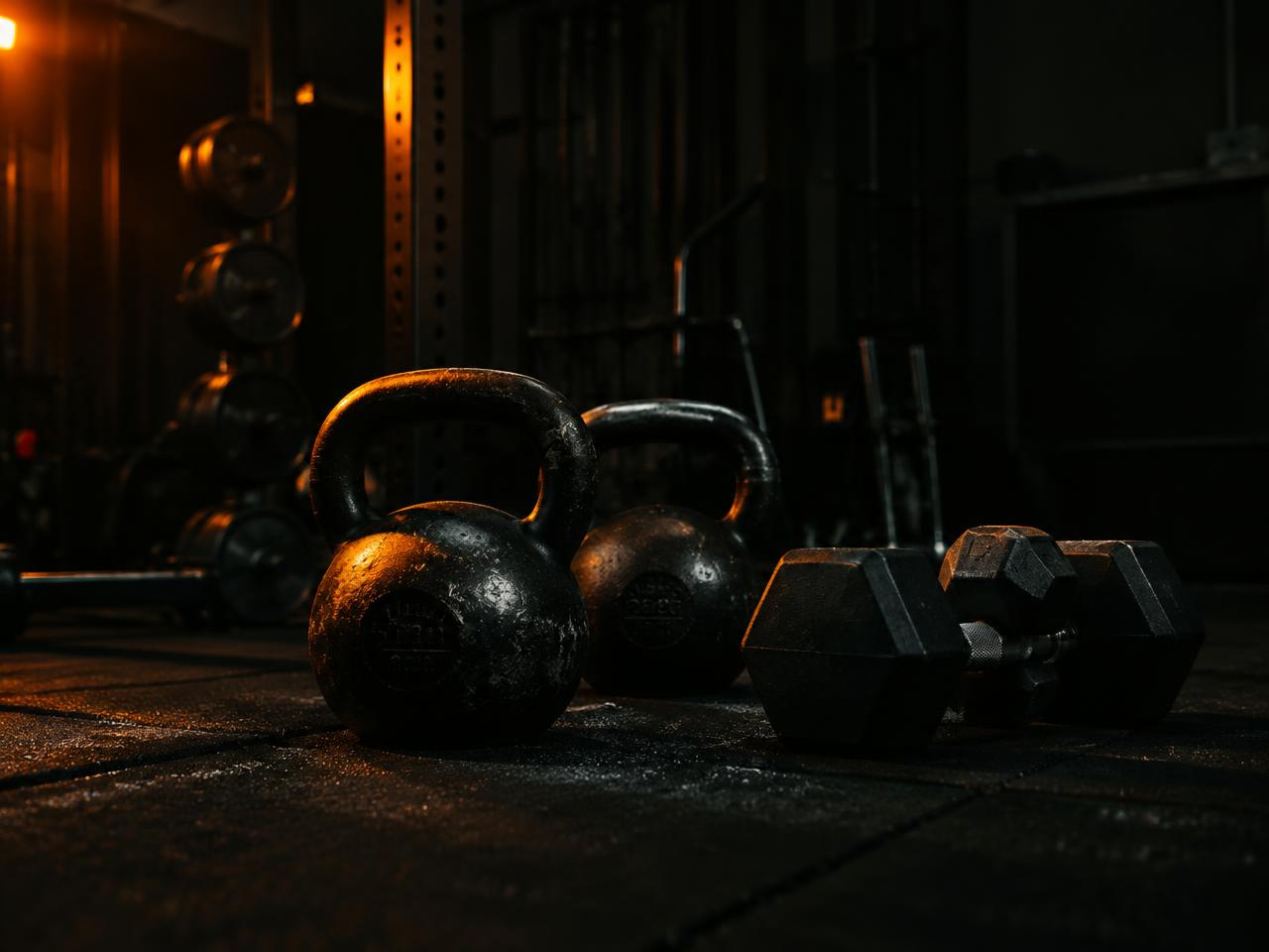Kettlebells and dumbbells in a dark gym